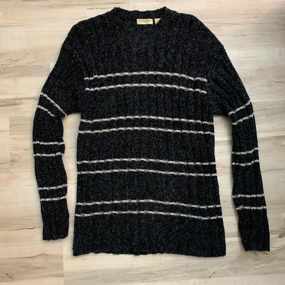 Whispering Smith London Mens Charcoal Gray Striped Chunky Knit Sweater Large